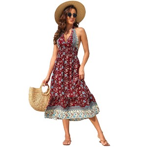 Women's Summer Maxi Dress Casual Floral V Neck Boho High Low Flowy Long Sun Dresses - 1 of 4