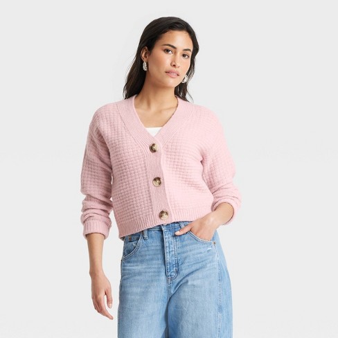 Pink button down sweater best sale