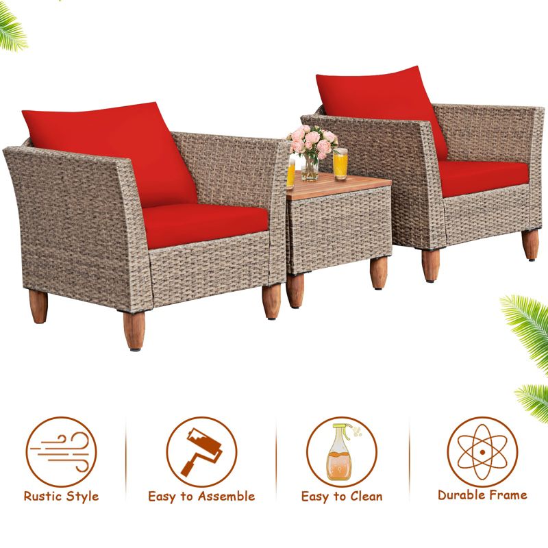 Tangkula 3 Piece Outdoor Rattan Sofa Set Wicker Conversation Furniture Set with Cushions, 4 of 10