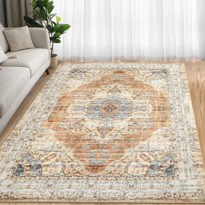 8x10 Large Washable Area Rug, Blue Non Slip Carpet, Stain Resistance Vintage Room Rug, Indoor Floor Carpet for Living Room, Low Profile Rug, Boho Rug - 1 of 4