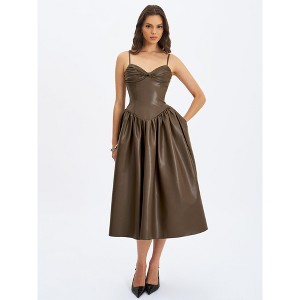 Miss Circle Parisia Cocoa Vegan Leather Drop Waist Midi Dress : Target