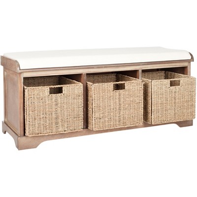 Transitional Brown and White Pine Storage Bench with Cushion