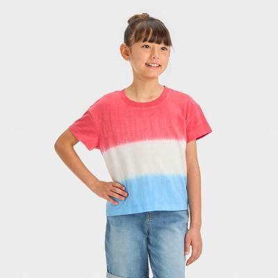 Girls' Short Sleeve Tie-Dye Boxy T-Shirt - Cat & Jack™ Red/White/Blue M