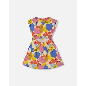 Deux par Deux Girl Printed French Terry Dress Fruits on Yellow Background - 1 of 4
