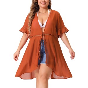 Agnes Orinda Women's Plus Size Ruffle Short Sleeve Tie Hollow Out Midi Summer Casual Cardigans - 1 of 4
