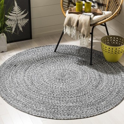 Ivory and Black Round Braided Wool and Cotton Rug