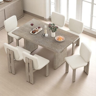 7-Piece Retro Dining Table Set with 6 Upholstered Chairs, MDF & Ash Veneer Table, Farmhouse Dining Set for Kitchen & Dining Room