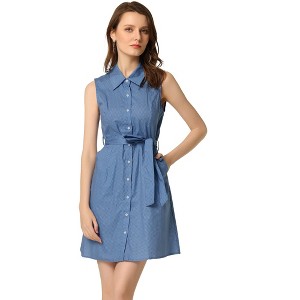 Allegra K Women's Vintage Button Down Polka Dots Sleeveless Belted Shirt Dress - 1 of 4