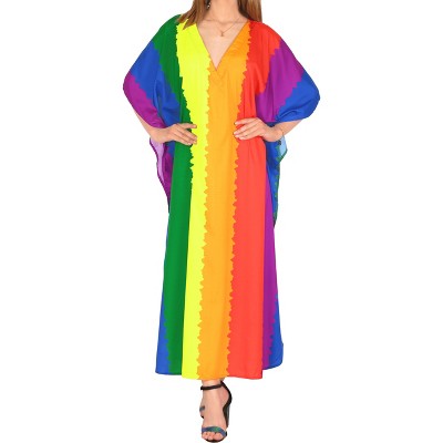 LA LEELA Women's Summer Rainbow Loungewear Beach Maxi Kaftan Casual Long Dress Caftan Coverup 2X-3X Multi Stripes