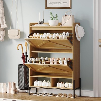 Nasitip Freestanding 2 Flip Drawer Shoe Cabinet, Narrow Entryway Organizer with Metal Legs & Hidden Storage, 48.4" Tall