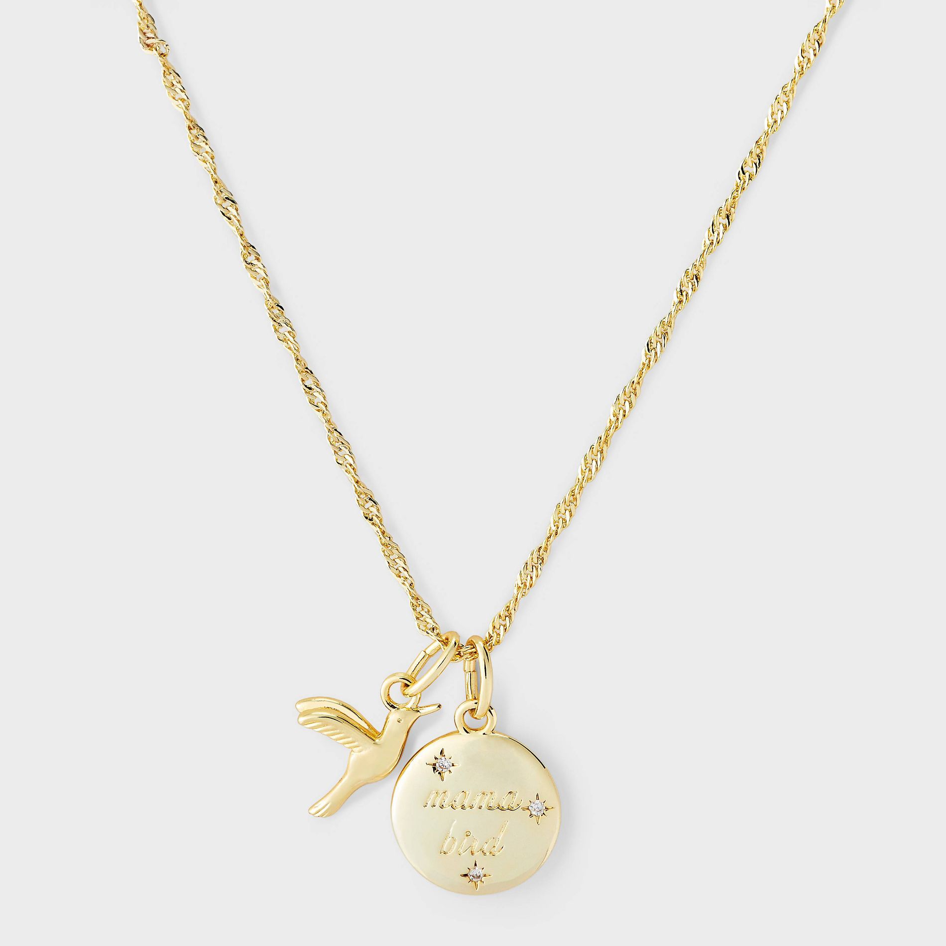 14k Gold Dipped Cubic Zirconia "Mama Bird" Disc with Stars & Bird Charm Necklace - A New Day™ Gold