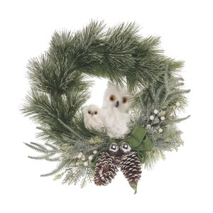 Transpac Foam 24.41 in. Green Christmas Acorn and Snowy Owl Wreath - 1 of 4