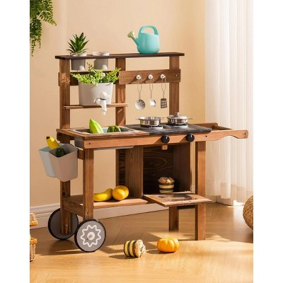 ROBOTIME Play Food And Toy Kitchens Outdoor Kitchen Playset, Wooden Play Kitchen Accessories with Wheels, Gift for Kid, Brown, 11.6"*31.3"*33.5"
