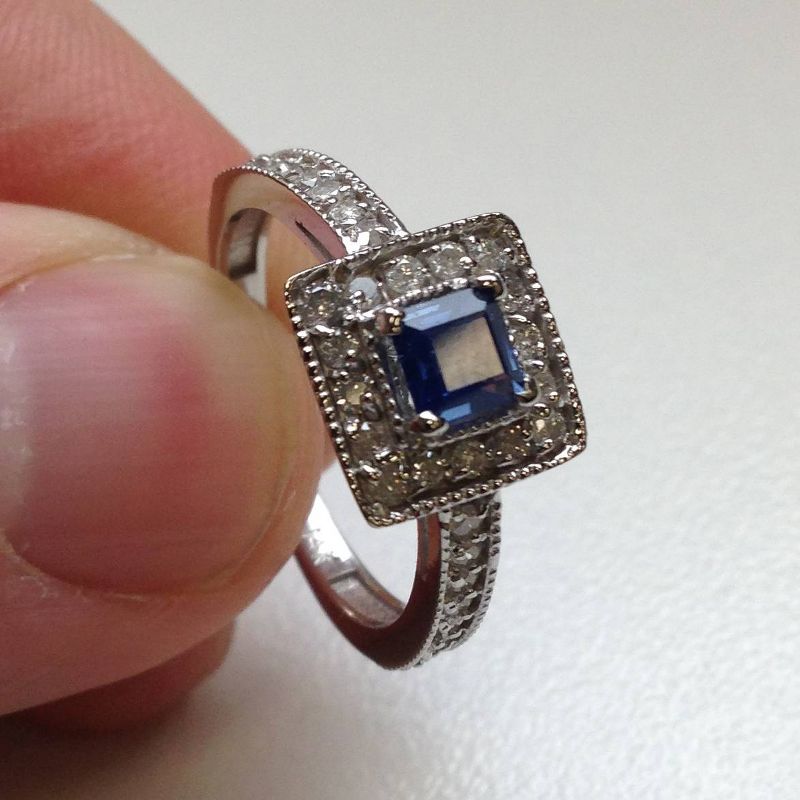 Pompeii3 7/8ct Blue Sapphire Princess Cut Halo Diamond Ring 14K White Gold, 2 of 4