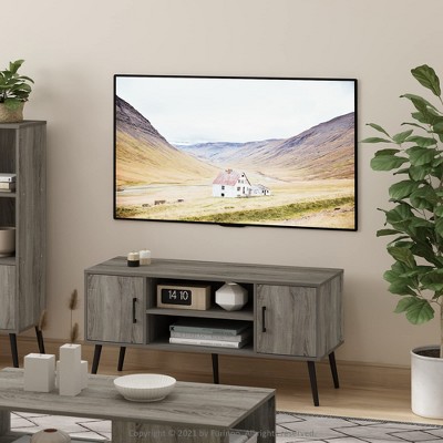 Furinno Mid-Century TV Stand Entertainment Media Console w/2 Cabinets&Open Storage Shelves for TVs up to 50",French Oak Grey
