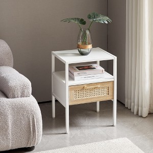 Mayeerty 15.75" Rattan End table with drawer, Modern nightstand, metal legs,side table for living room, bedroom, White - 1 of 4