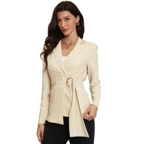 INSPIRE CHIC Women's Casual Lapel Collar Buckle Tie Waist Long Sleeve Work Office Wrap Suit Blazer X-Large Apricot