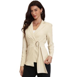INSPIRE CHIC Women's Casual Lapel Collar Buckle Tie Waist Long Sleeve Work Office Wrap Suit Blazer - 1 of 4