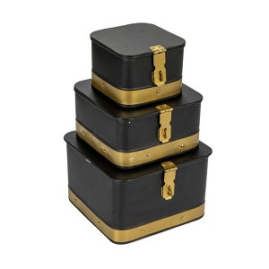 Storied Home Square Decorative Metal Boxes with Lid, Black with Gold Band, Set of 3 - 1 of 4