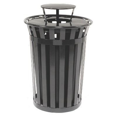 Outdoor Slatted Steel Trash Can, Rain Bonnet Lid, 36 gal, Black