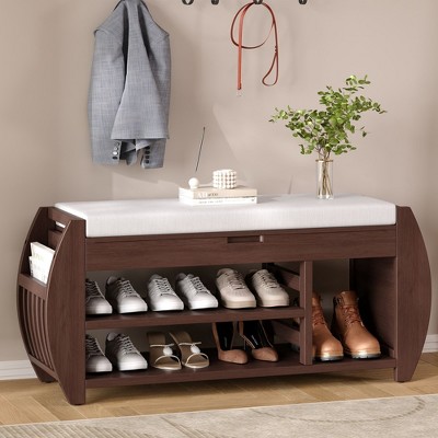 Retro Multifunctional Storage Bench with Cushion & Curved Side Panel - Perfect for Entrance & Living Room