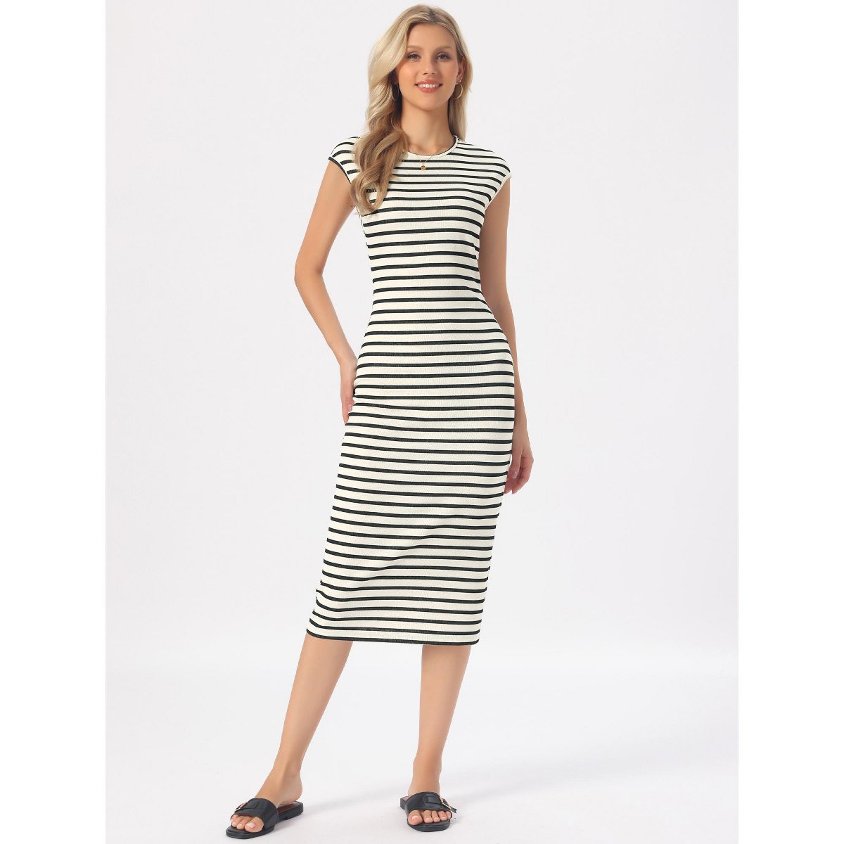 Женские платья INSPIRE CHIC Women's Striped Crew Neck Cap Sleeve Knit Bodycon Midi Dresses Medium Apricot Black — фото 4