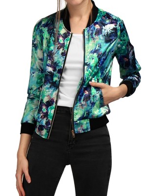INSPIRE CHIC Women's Stand Collar Floral Prints Zip Up Lightweight Short Jacket