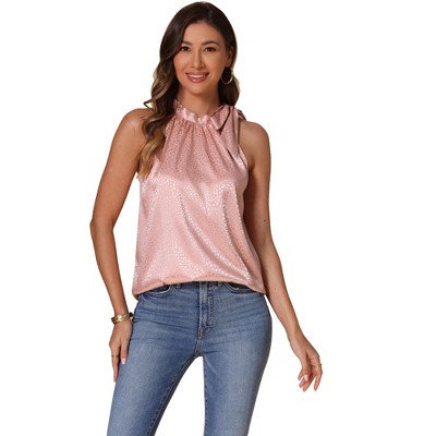INSPIRE CHIC Women's Summer Leopard Mock Neck Tie Sleeveless Casual Blouse