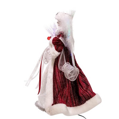14-Inch White, Silver, and Burgundy Angel Tree Topper with LED Lights