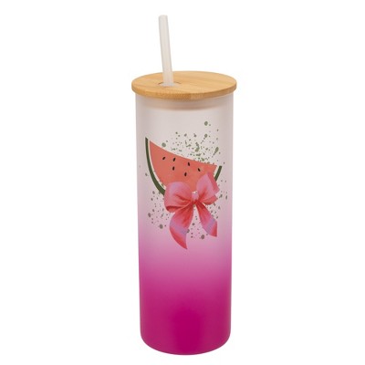 Elanze Designs 25 Ounce Frosted Glass Gradient Travel Tumbler With Straw and Wooden Lid, Watermelon Pink