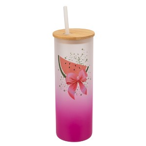 Elanze Designs 25 Ounce Frosted Glass Gradient Travel Tumbler With Straw and Wooden Lid, Watermelon Pink - 1 of 1