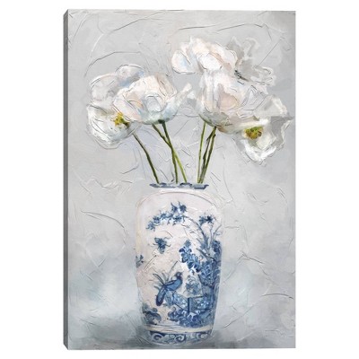 24" x 36" White Floral Vase on Gray Canvas Art