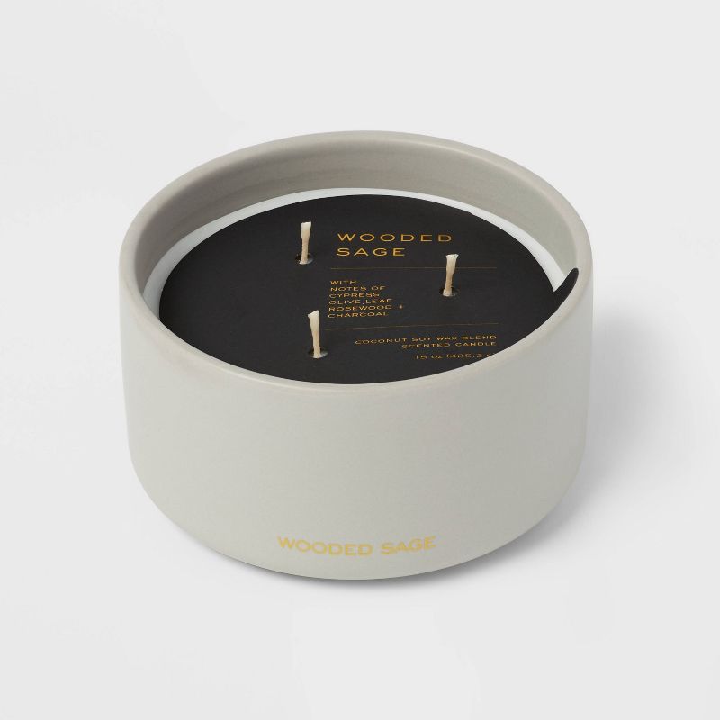 15oz Ceramic Jar 3-Wick Black Label Wooded Sage Candle - Threshold&#8482;, 1 of 9