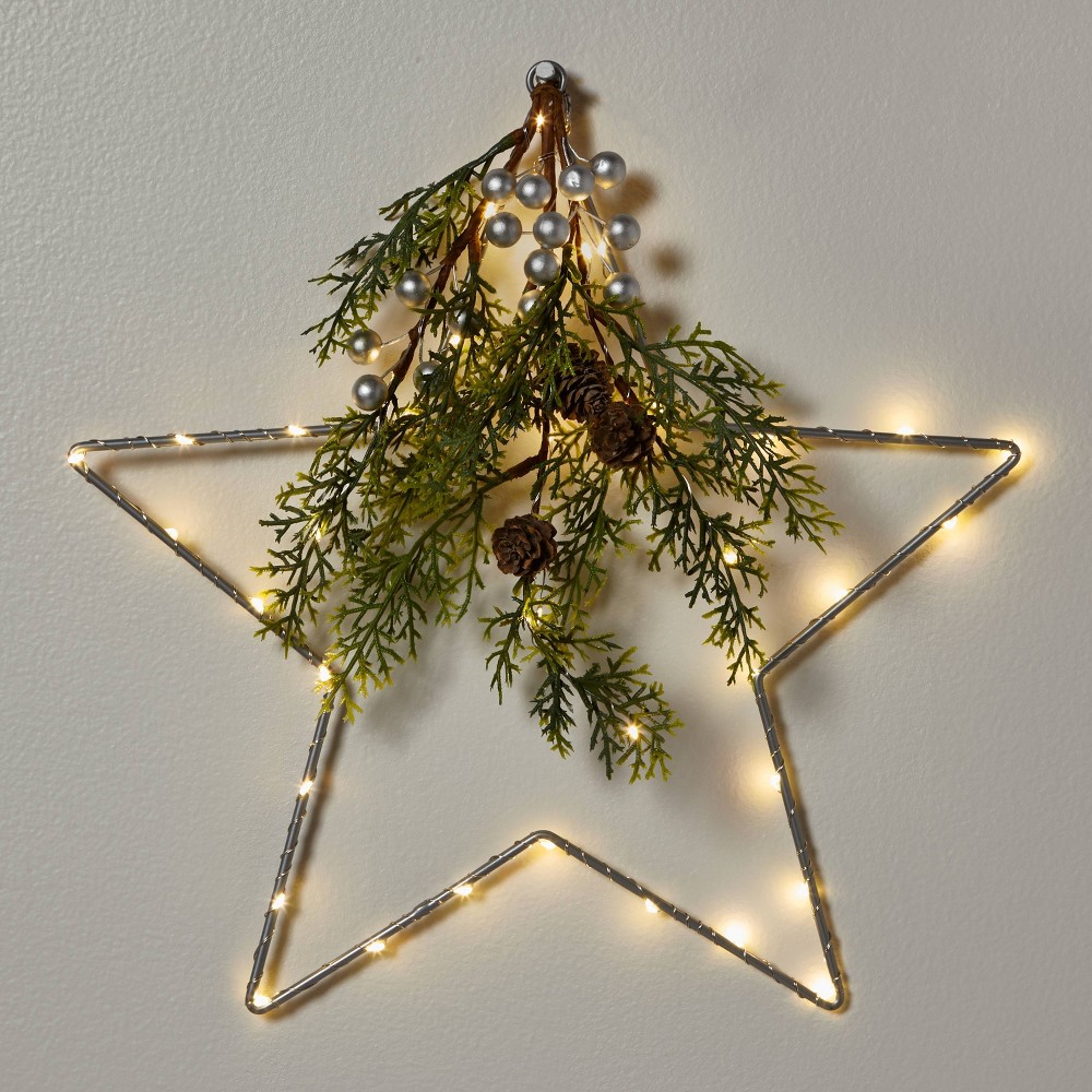 Photos - Floodlight / Street Light Lit LED Hanging Star with Christmas Greenery Silver - Wondershop™: 14-Inch