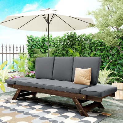 Outdoor Acacia Wood Day Bed Small Patio Couch, Adjustable Arm Outdoor Couch Chaise with Cushions for Small Spaces, Brown Finish – Maison Boucle
