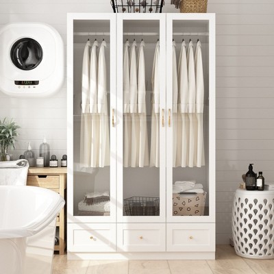 FUFU&GAGA White Wardrobe Glass Doors 3 Drawers Armoire
