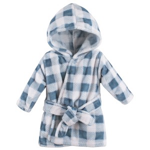 Hudson Baby Infant Boy Plush Animal Face Bathrobe, Blue Plaid, 0-9 Months - 1 of 1