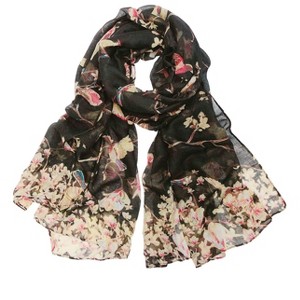 Wrapables Lightweight Vintage Floral Bird Print Long Scarf Wrap, Black - 1 of 4