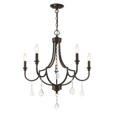 Mini English Bronze 5-Light Crystal Chandelier with Candelabra Bulbs
