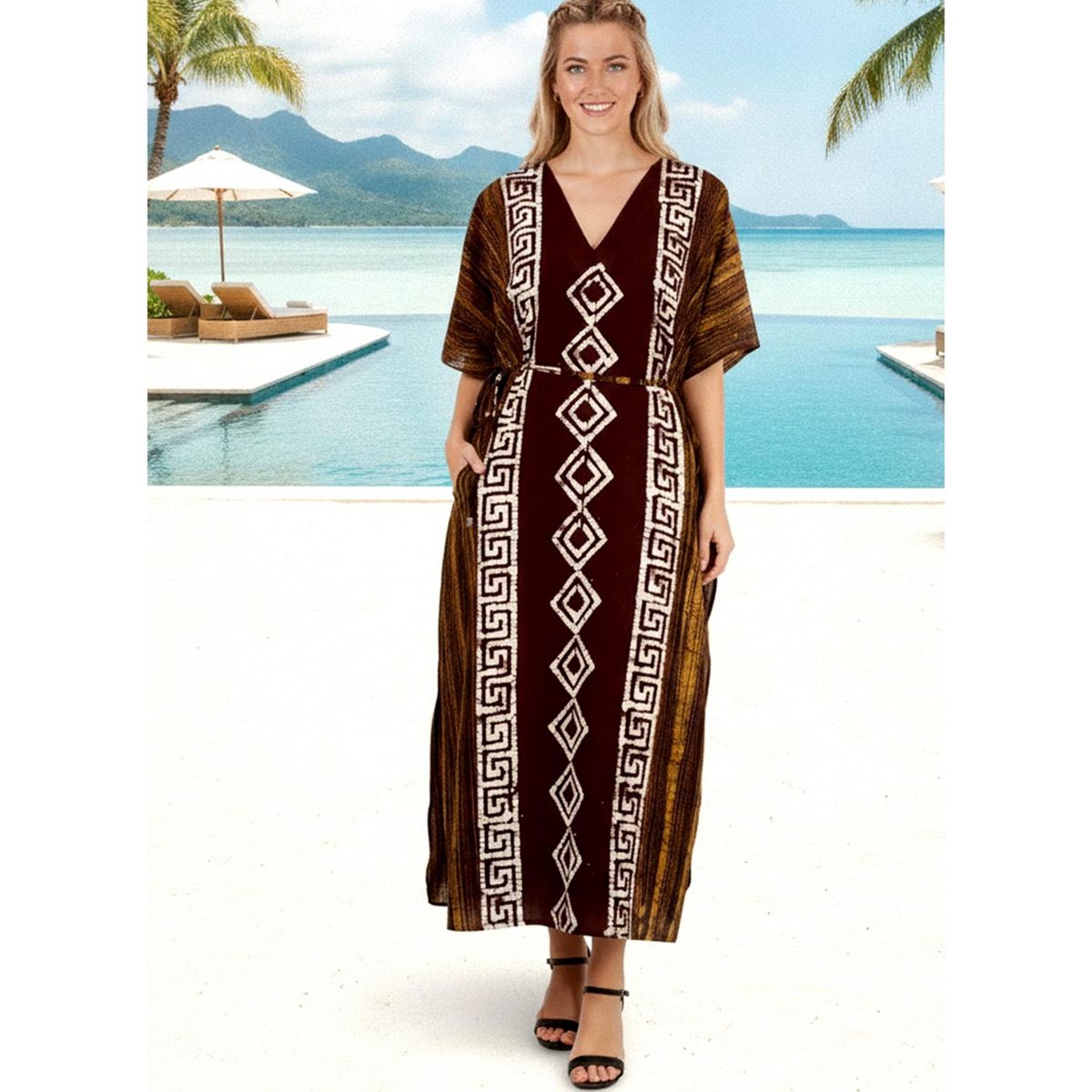 LA LEELA Summer Cotton Premium Caftan Dress for Women Resortwear Vacation Cruise Holiday Loungewear Beachwear Outfit 2X-3X Brown Geometric - thumbnail 5