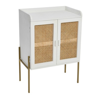 Storied Home Boho Solid Wood Bar Cabinet with Metal Legs and Woven Cane Doors