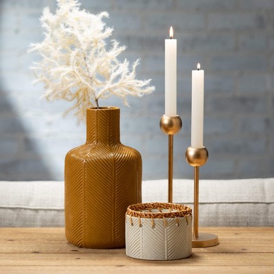 Large White and Mustard Artisanal Ceramic Vase Set