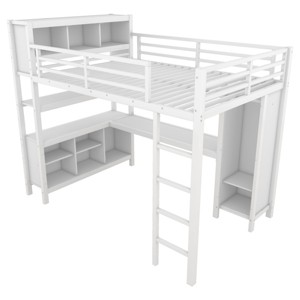 TopComfy Beds Metal Loft Bed with Wardrobe and L Shaped Desk Full Size with Storage Cubes and Shelves for Bedroom, White, 55.9"*75.4"*217.16" - 1 of 4