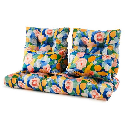 ARTPLAN Outdoor Cushions for Settee,Wicker Loveseat Cushions with Tie,Tufted Patio Cushions 2 U-Shaped Set of 5 Piece,L44xW19，Floral