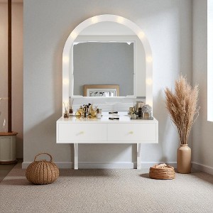 Wall Mounted Floating Makeup Vanity with Mirror & LED Lights, Compact Dressing Table with Power Outlets and Storage Drawers - 1 of 4