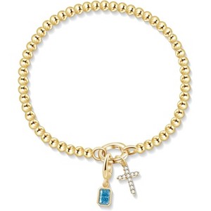 Free bird Cross Birthstone Bracelet | Dainty 14K Gold Plated Cross Charm Bracelet | Stretchable Elastic Gold Beaded Bracelet - 1 of 4