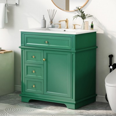 30" Bathroom Vanity with Sink Combo, Bathroom Storage Cabinet with 3 Drawers, Freestanding Under-mount Ceramic Sink Vanity Set For Bathroom