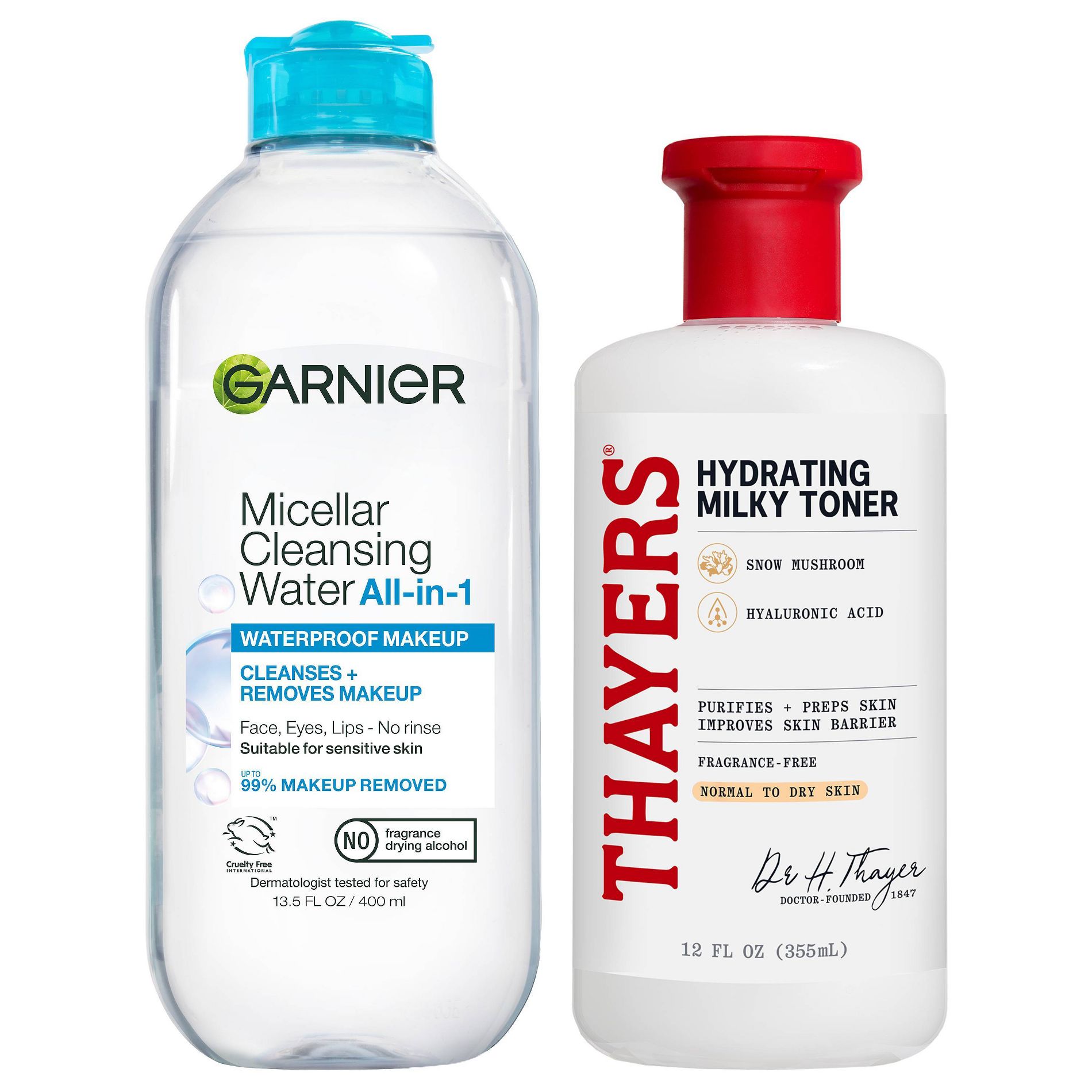 Garnier Waterproof Makeup Remover Micellar Water Facial Cleanser 13.5 fl oz + Thayers Remedies Toner with Snow Mushroom and Hyaluronic Acid 12 fl oz