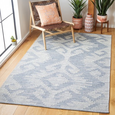 Blue and Ivory Flat Woven Wool Cotton 8' x 10' Rug