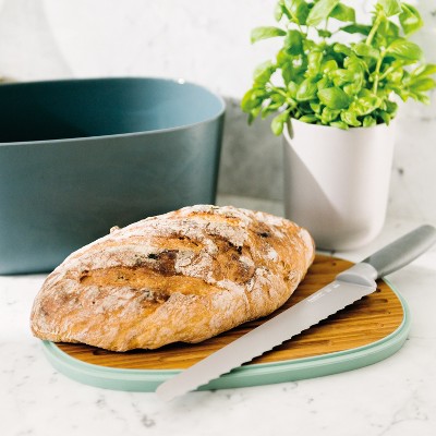 Teal Bamboo Bread Box with Cutting Board Lid